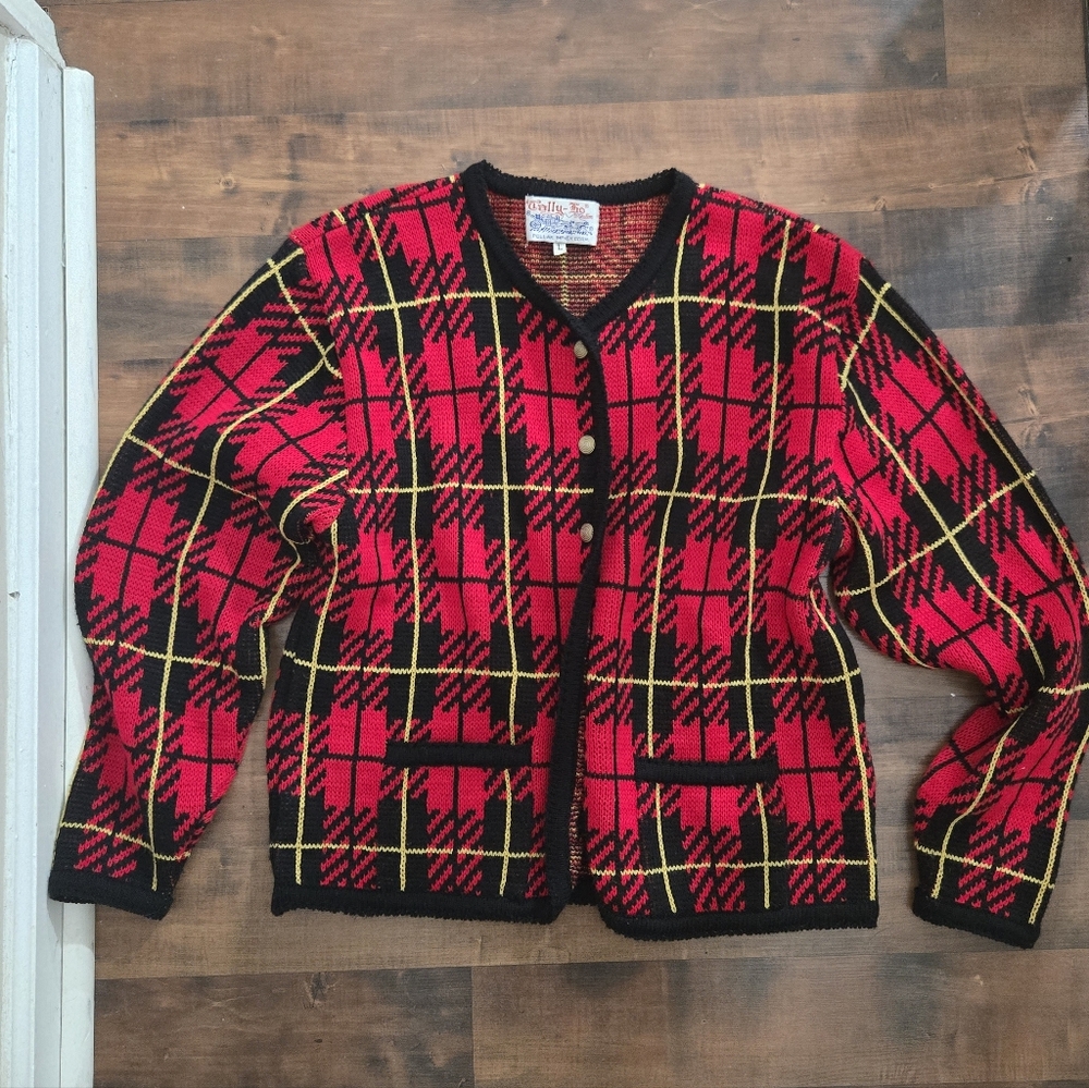Vintage Tally-Ho Red Black Yellow Plaid Cardigan Sweater Large L